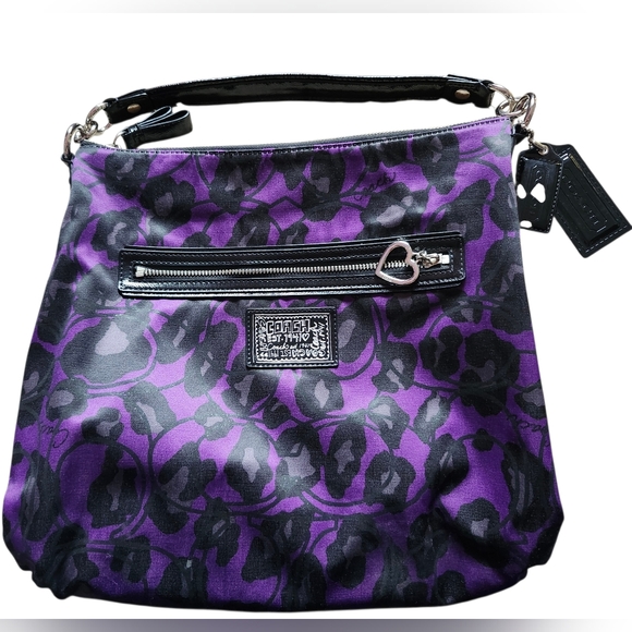 Coach Ocelot Leopard Print Purple and Black Shoulder Bag NWOT 14in X 12in - Picture 6 of 7